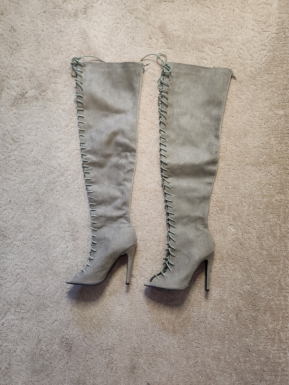 Qupid Suede Taupe Lace-Up Over-the-Knee Peep Toe Stiletto Boots NWT 8
